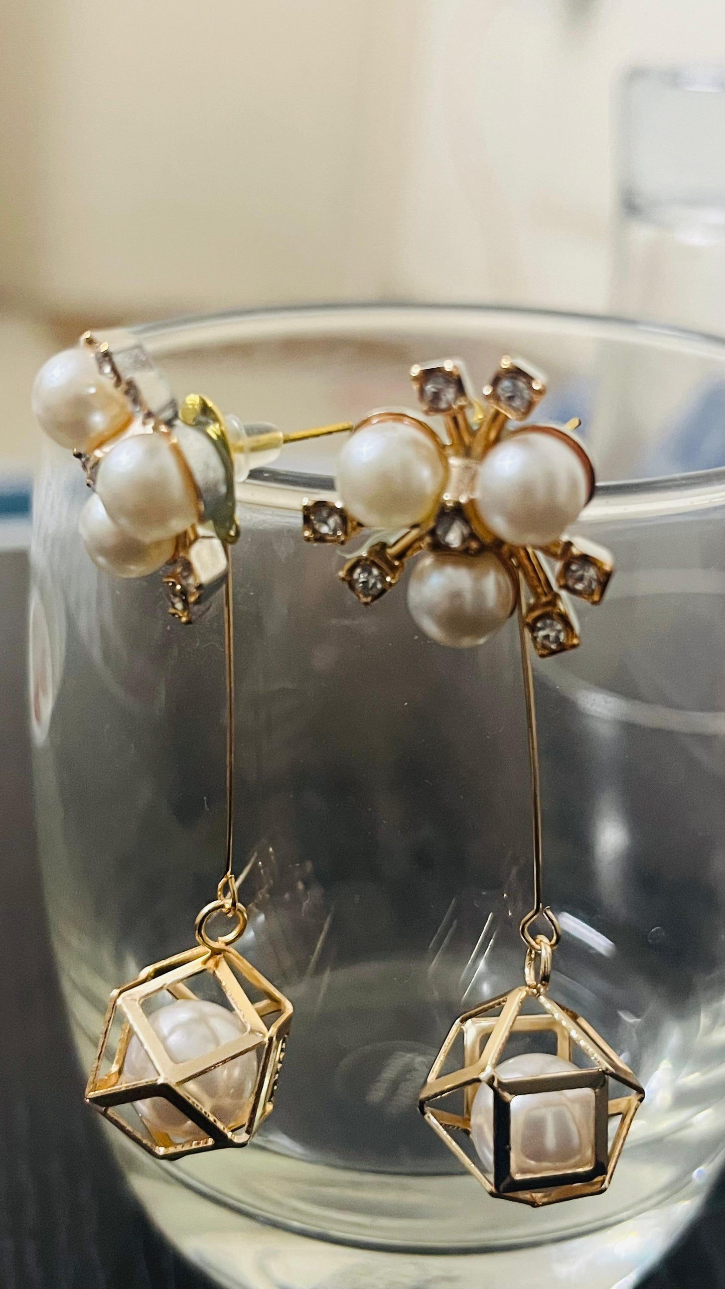 Pearl Earrings With crystal Accents, Gold toned Wire Ball design