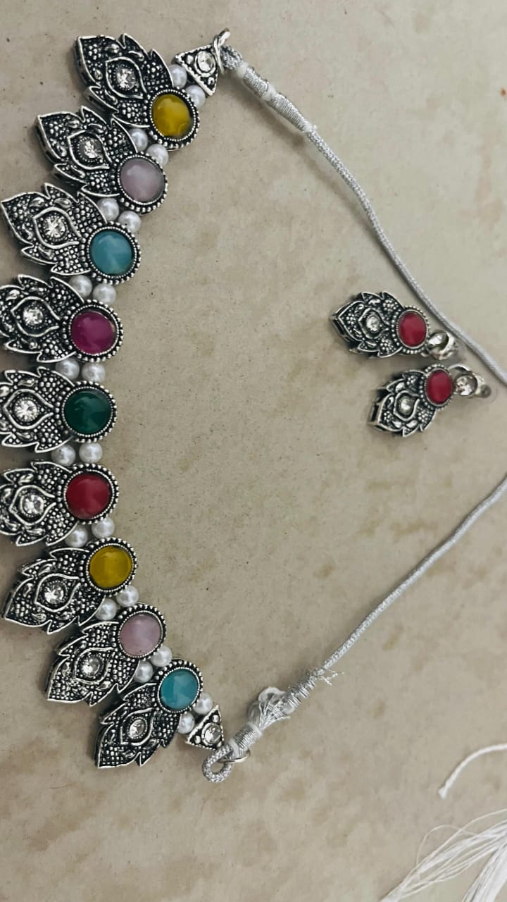 Traditional Oxidised Silver Necklace Set With Multicolour Stone