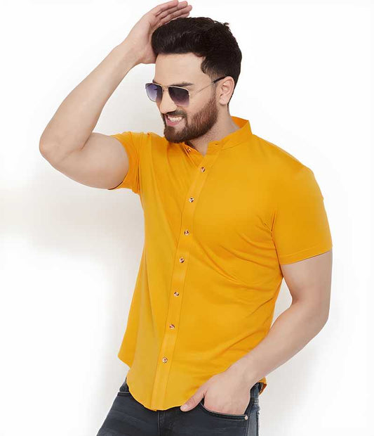 Cotton Blend Solid Half Sleeves Yellow Shirt
