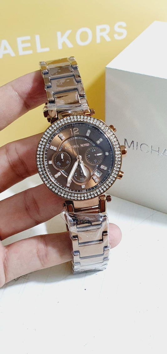 Michael Kors Women's Rose Gold-Tone Chronograph Watch with Pave Bezel