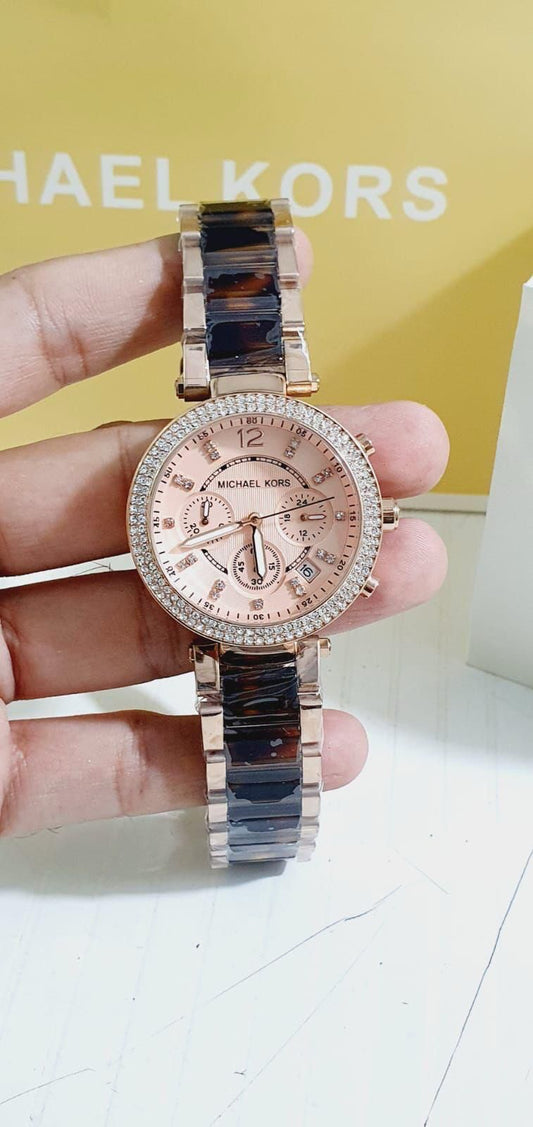 Michael Kors Women's Rose Gold-Tone Chronograph Watch with Pave Bezel