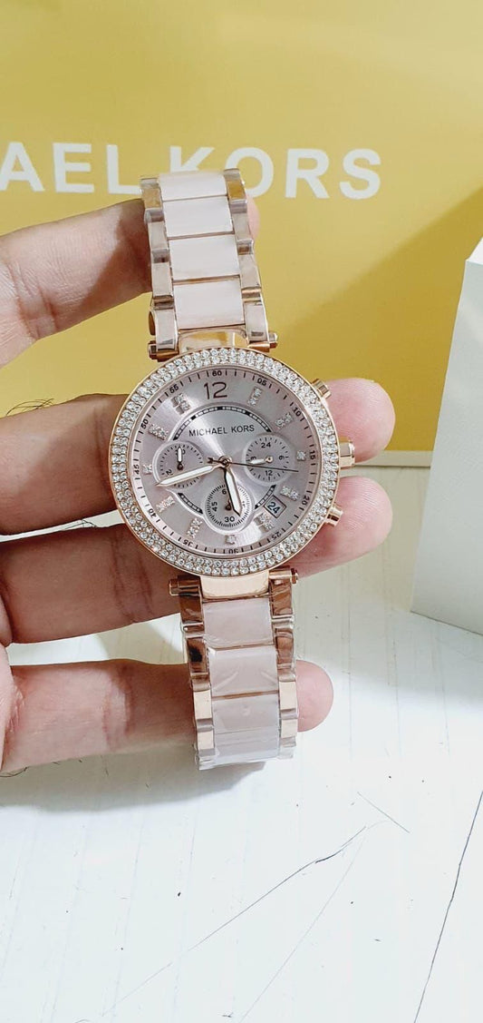 Michael Kors Women's Rose Gold-Tone Chronograph Watch with Pave Bezel &amp; Blush Ceramic Accents