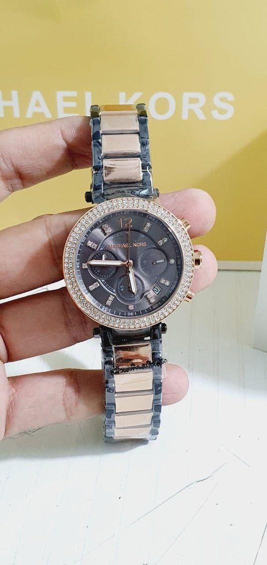 Michael Kors Women's Rose Gold-Tone Chronograph Watch with Pave Bezel &amp; Dark Ceramic Accents