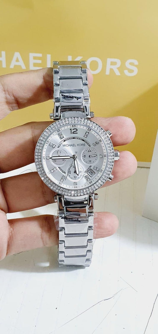 Michael Kors Women's Silver-Tone Chronograph Watch with Pave Beze