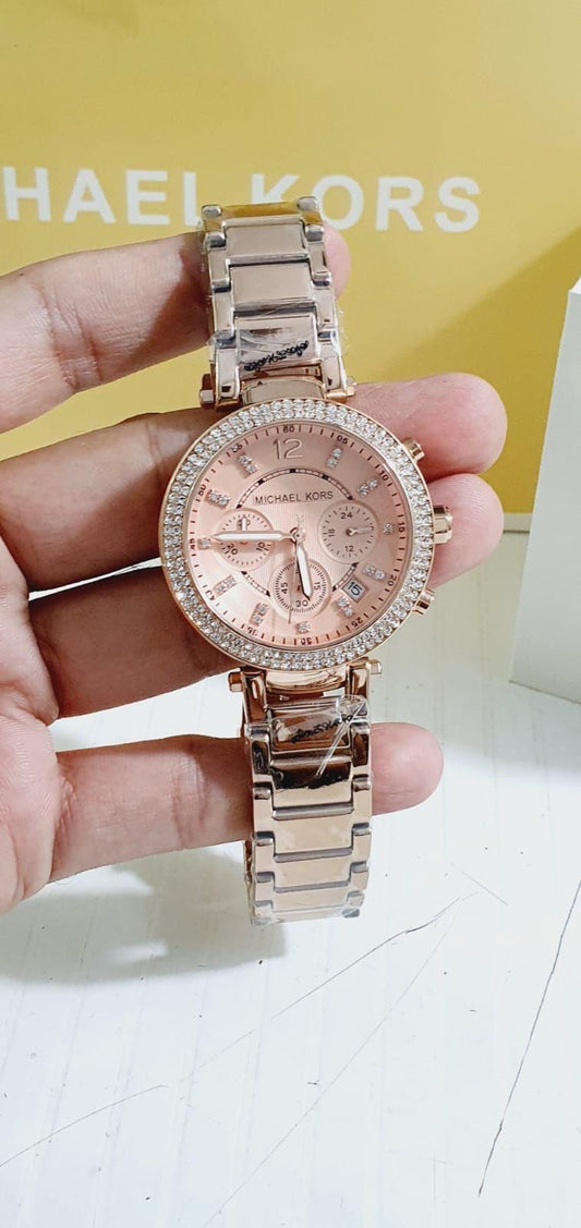 Michael Kors Women's Rose Gold-Tone Chronograph Watch with Pave Beze
