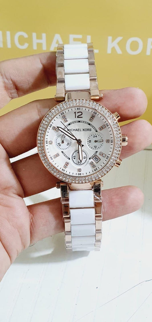 Michael Kors Rose Gold-Tone &amp; White Ceramic Crystal Watch