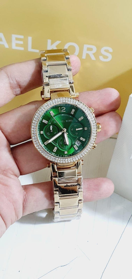 Michael Kors Women's Gold-Tone Chronograph Watch with Pave Bezel &amp; Green Dial - MK6206