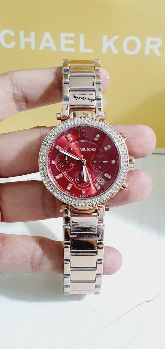 Michael Kors Women's Rose Gold-Tone Chronograph Watch with Pave Bezel &amp; Red Dial