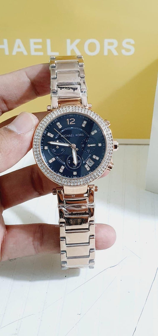Michael Kors Women's Rose Gold-Tone Chronograph Watch with Pave Bezel &amp; Dark Blue Dial
