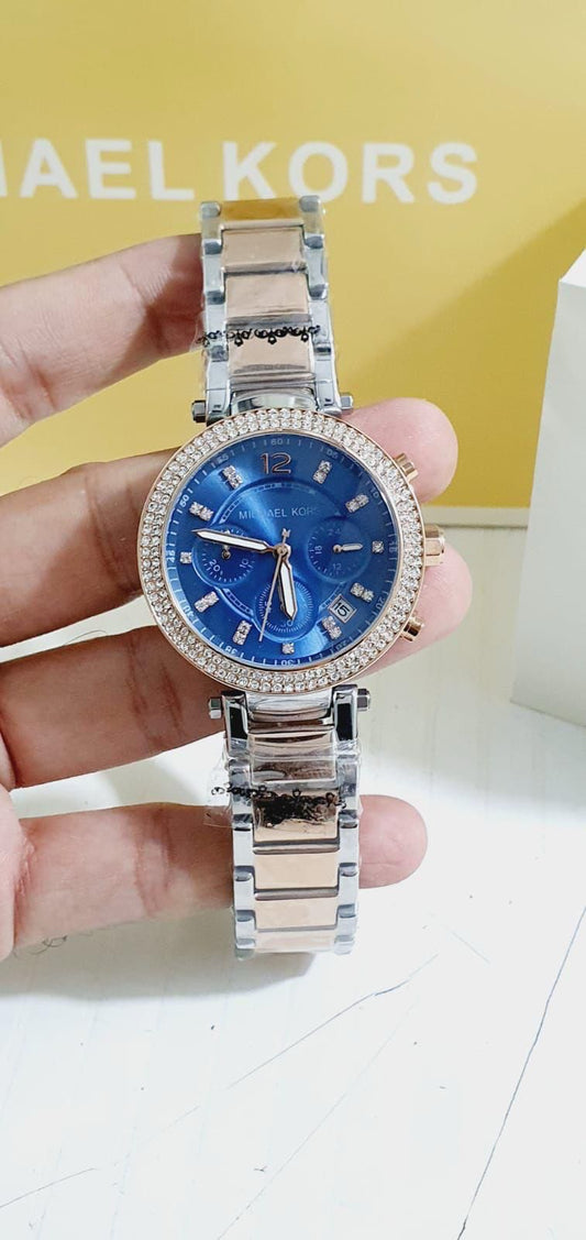 Michael Kors Women's Two-Tone Chronograph Watch with Pave Bezel &amp; Blue Dial