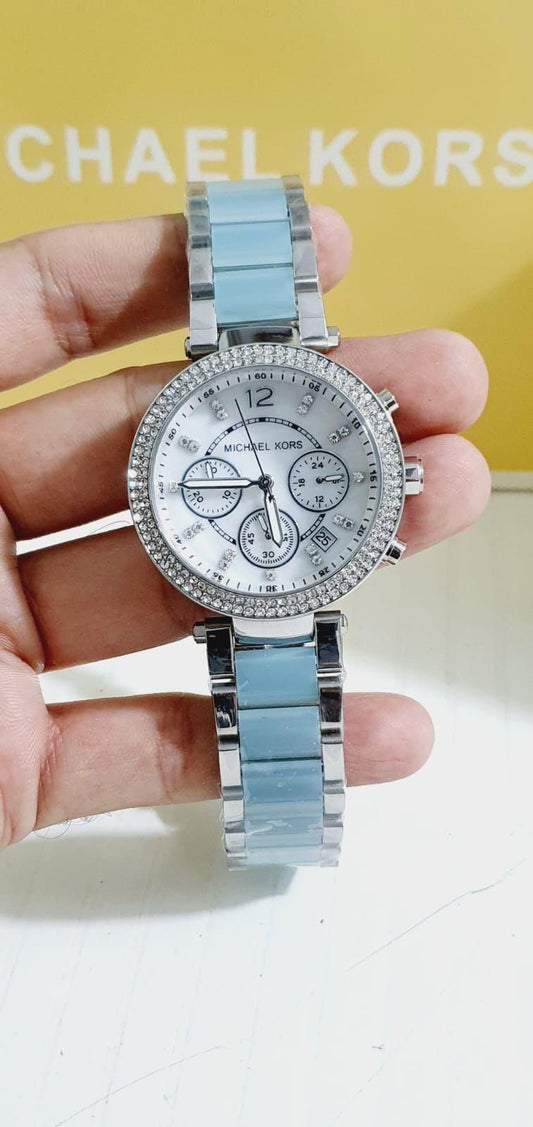 Michael Kors Women's Silver-Tone Chronograph Watch with Pave Bezel &amp; Light Blue Ceramic Accents
