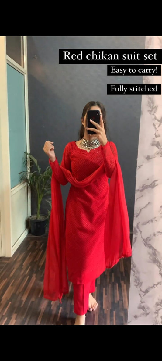 Red Chikankari embroidery with sequin highlights