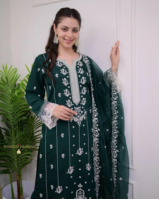 Exclusive Deep Green Cotton Embroidered Suit Set