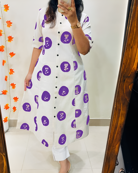 "Urban Indigo – Printed Cotton A-Line Kurta Set"