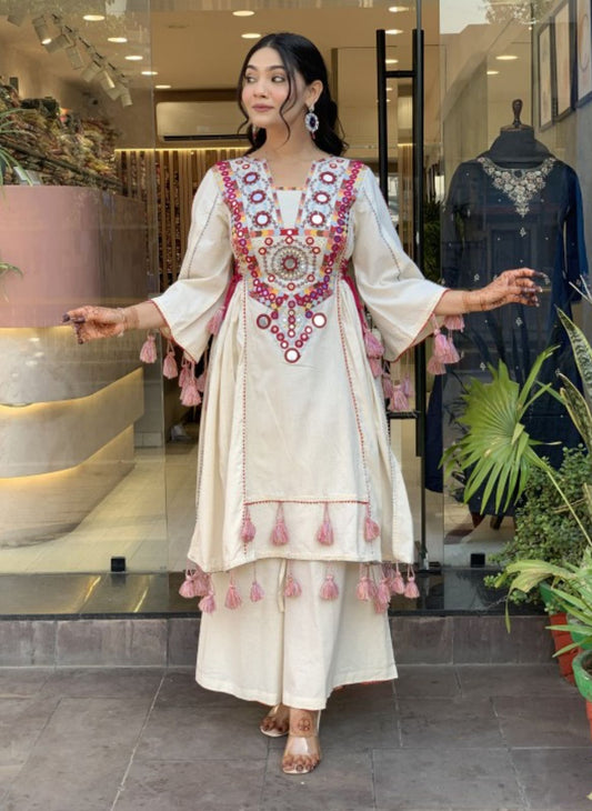 Women Ethnic Motif Embroiderd Regular Mirror Work Pure Cotton Kurta with Palazzos