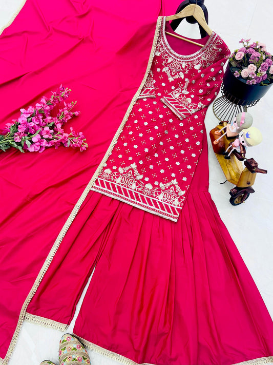 Crepe Elegance – Designer Sharara Suit with Dupatta