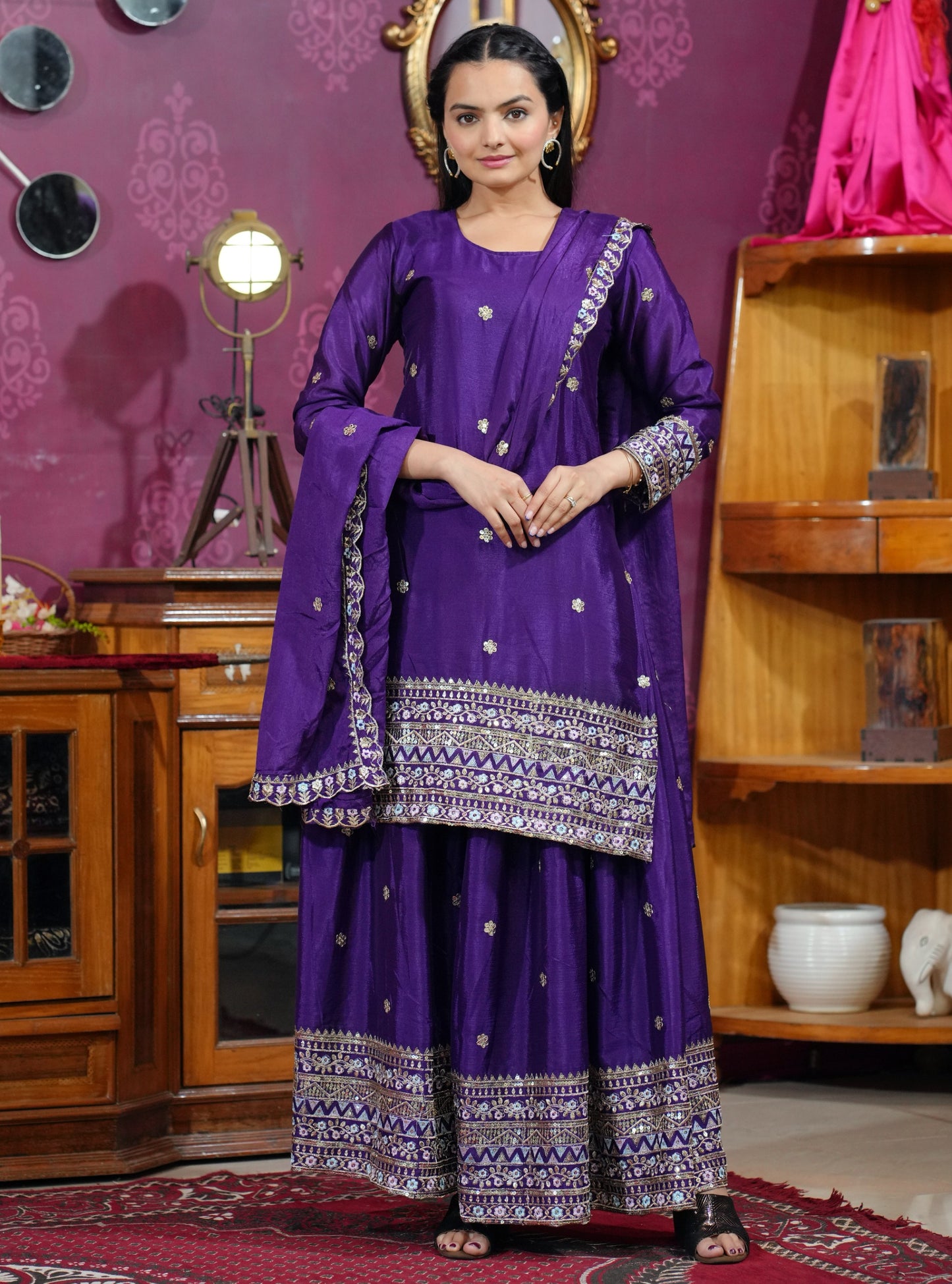 Rakhi Edition – FE-84 Designer Chinon Sharara Set with Heavy Embroidery