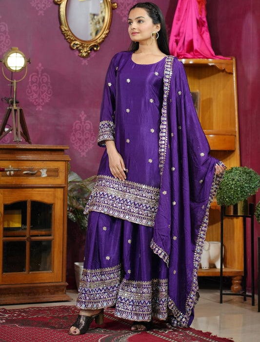 Rakhi Edition – FE-84 Designer Chinon Sharara Set with Heavy Embroidery