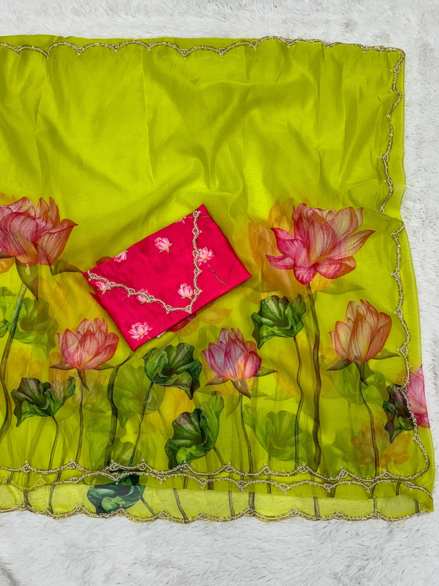 "Flower Rani Handcrafted Soft Organza Saree with Unstitched Blouse"