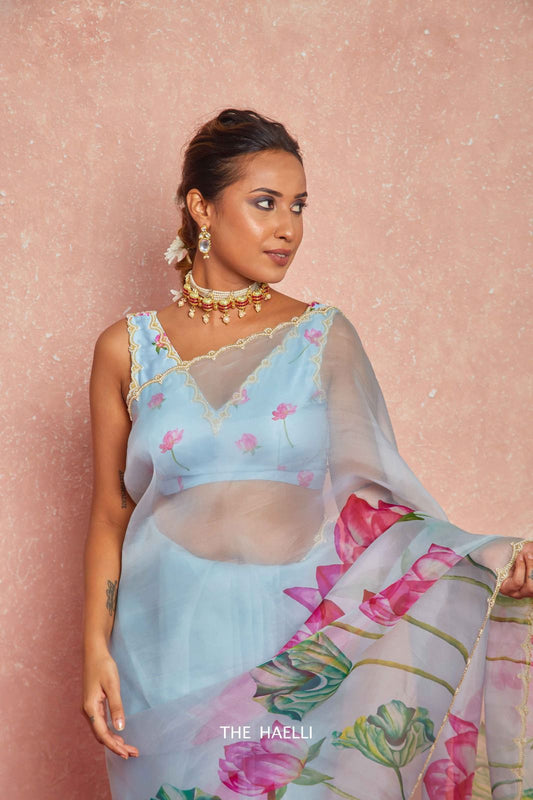 "Flower Rani Handcrafted Soft Organza Saree with Unstitched Blouse"