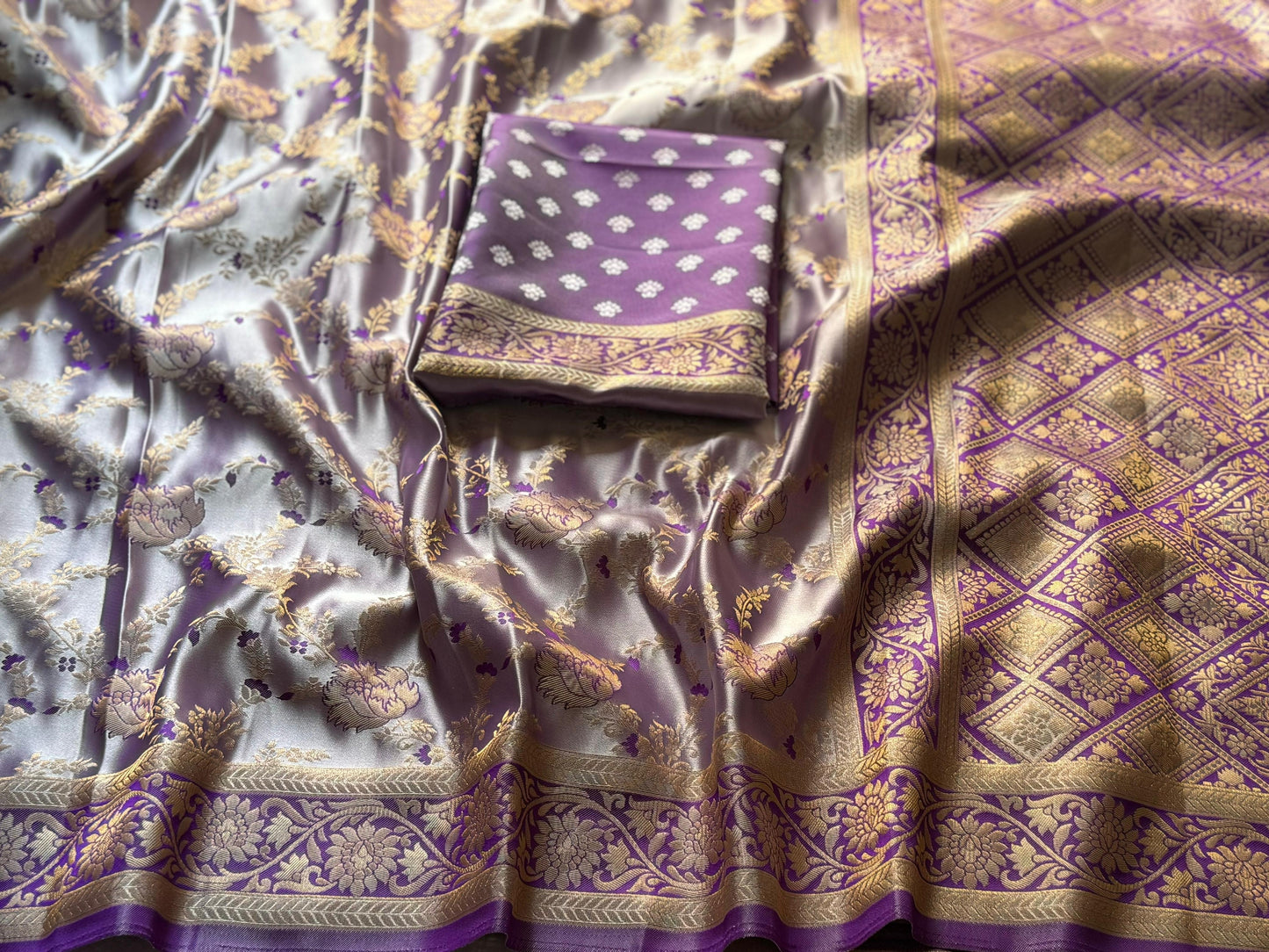 "Royal Bloom Two-Tone Satin Zari Weaving Saree with Butti Blouse"
