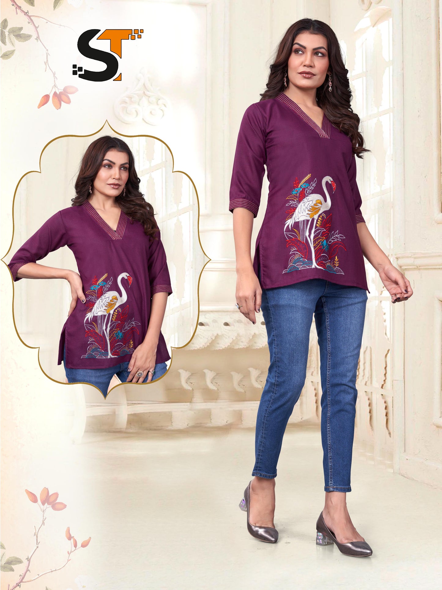 Slim Fit Embroidered Cotton Short Kurti 🔹