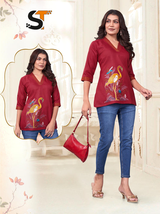 Slim Fit Embroidered Cotton Short Kurti 🔹