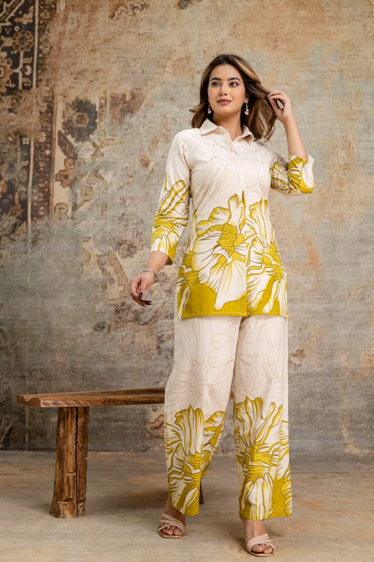 Yellow Classy Cotton Floral Printed Coord Set 💃