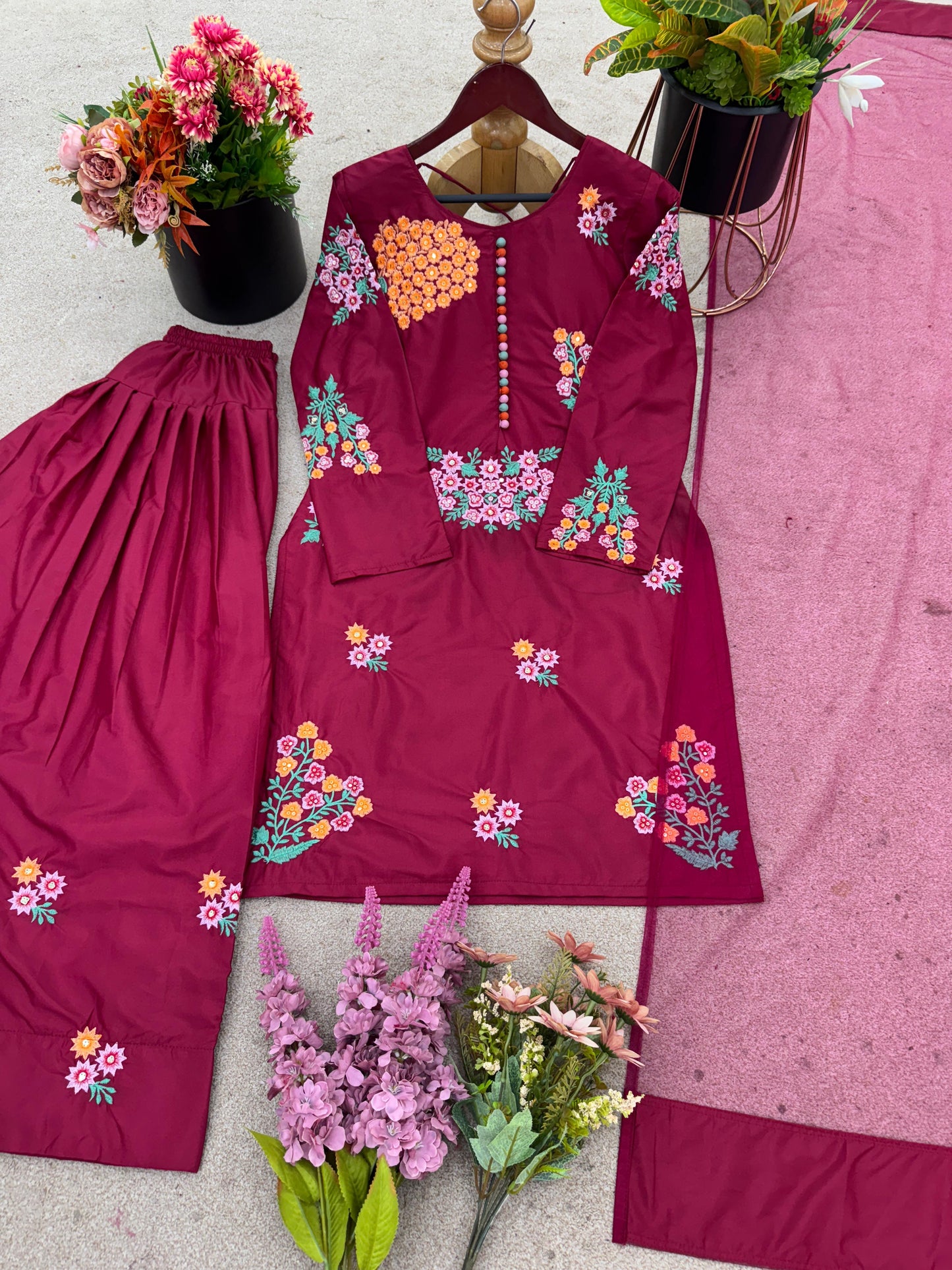 New Designer Natural Crepe Silk Embroidered Suit Set ✨