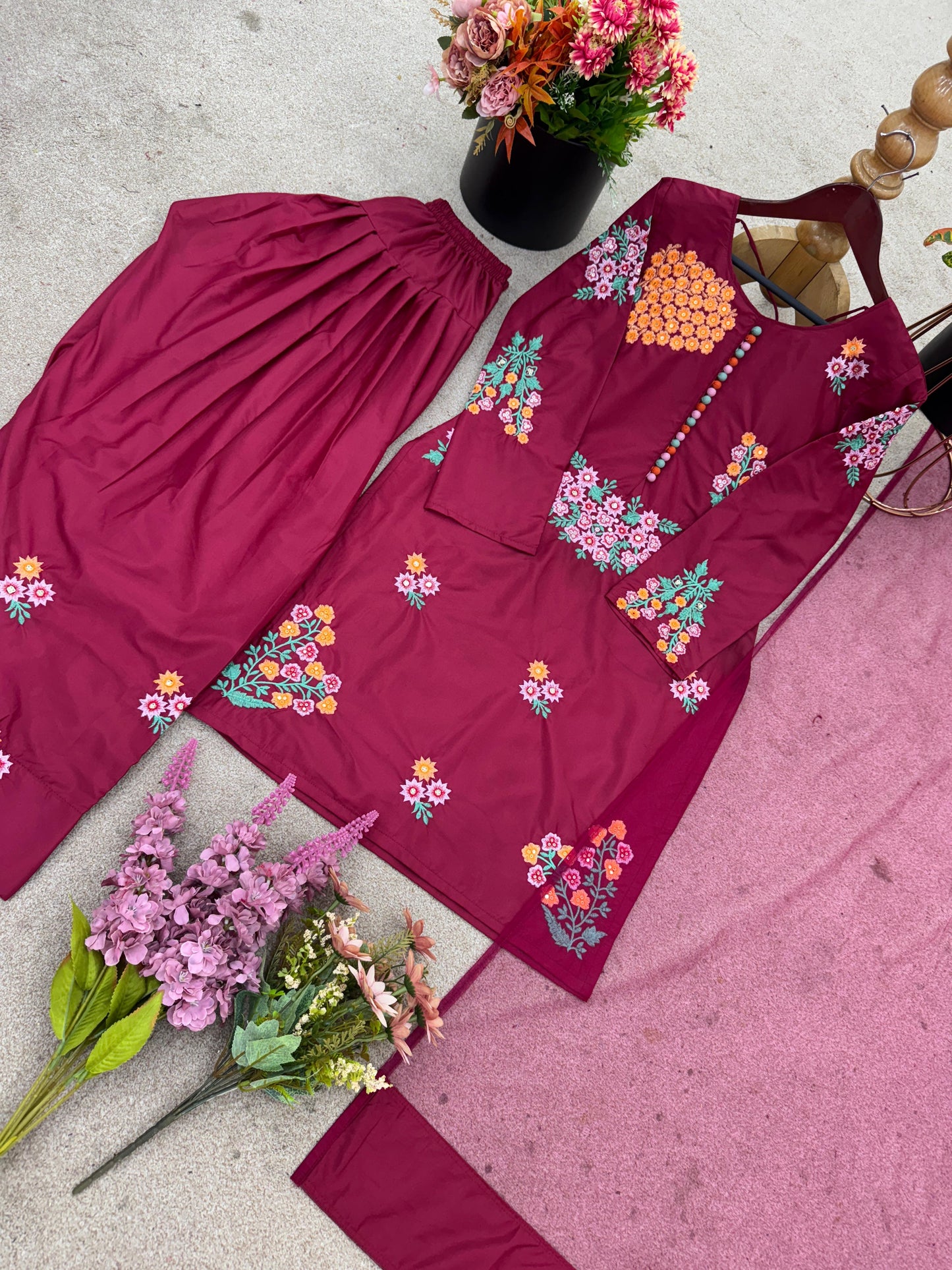 New Designer Natural Crepe Silk Embroidered Suit Set ✨