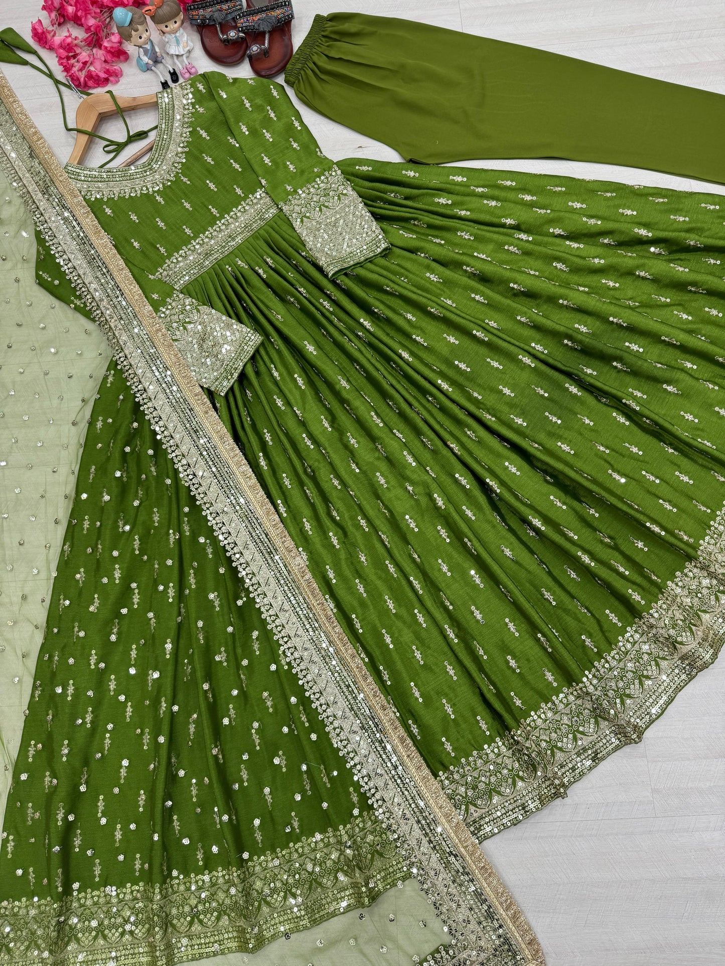 Chinon Silk Gown Set with Dupatta &amp; Bottom 👗