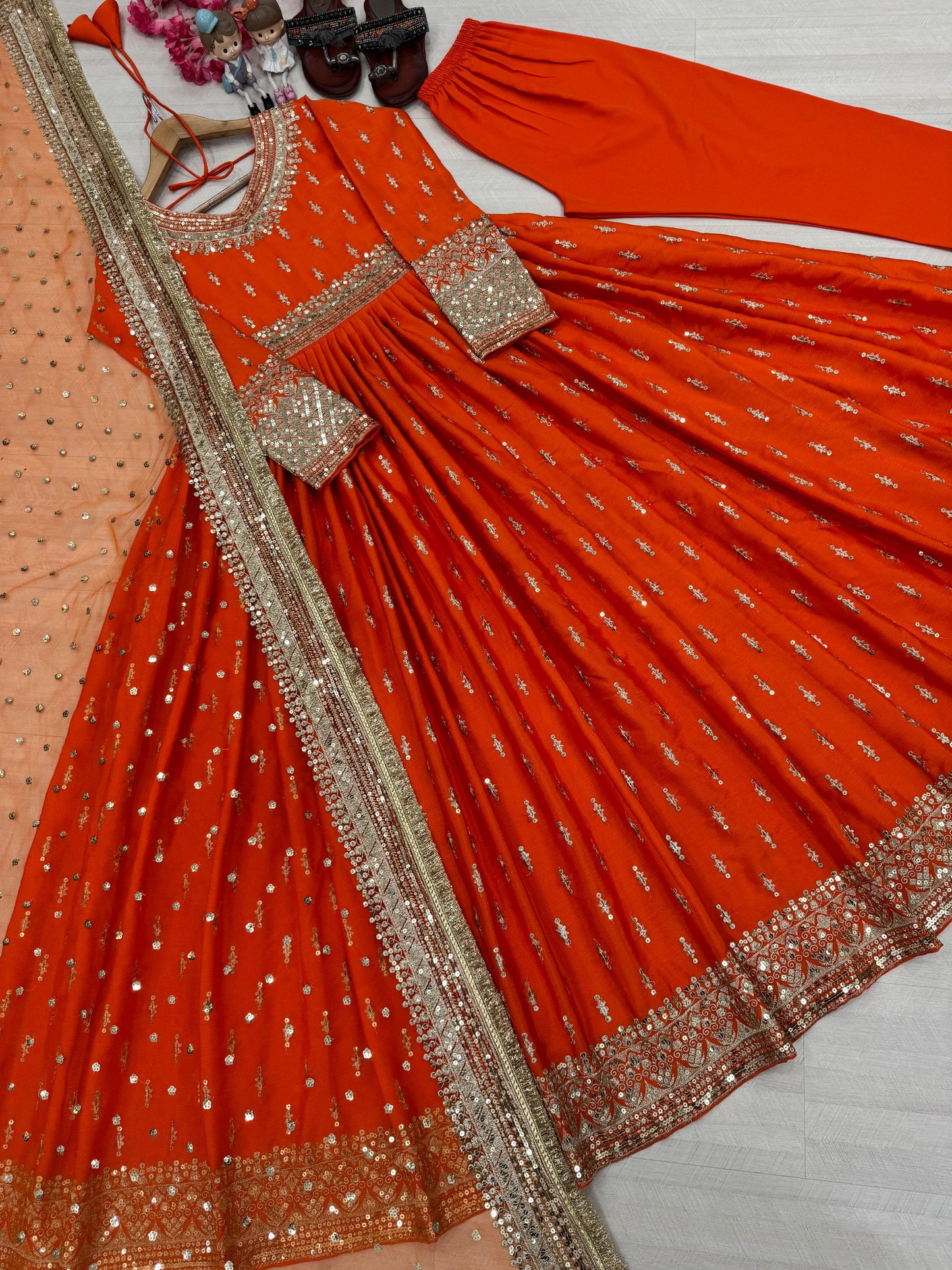 Chinon Silk Gown Set with Dupatta &amp; Bottom 👗