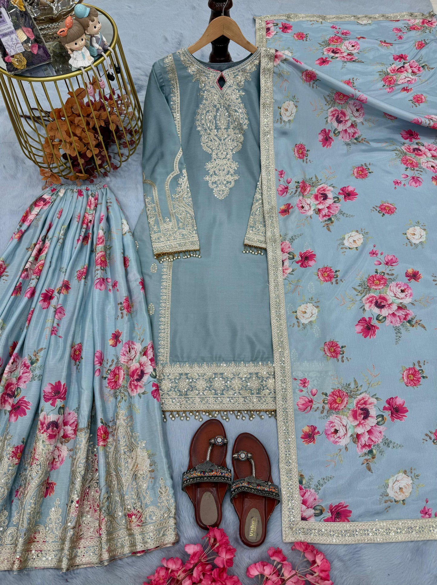 Premium Designer Chinon Silk Top, Plazzo &amp; Dupatta Set 💫