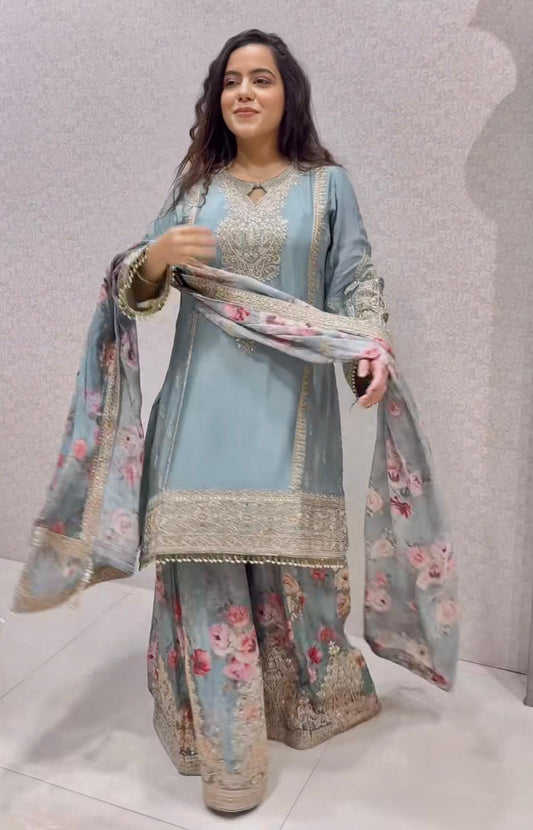 Premium Designer Chinon Silk Top, Plazzo &amp; Dupatta Set 💫
