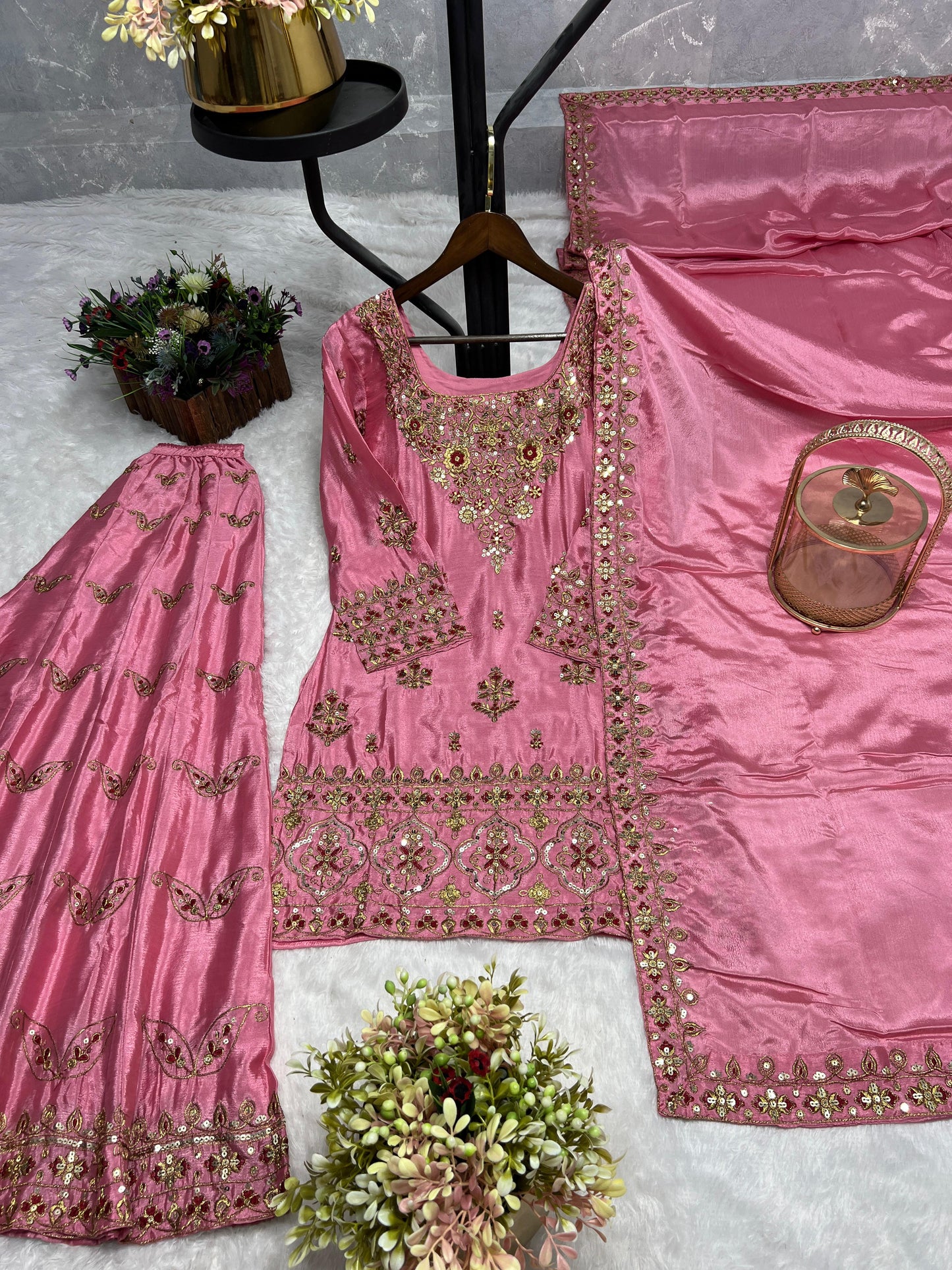 Premium Embroidered Chinon Silk Top-Plazzo-Dupatta Set"