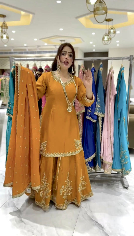 Elegant Embroidered Natural Crepe Kurti-Plazzo-Dupatta Set"