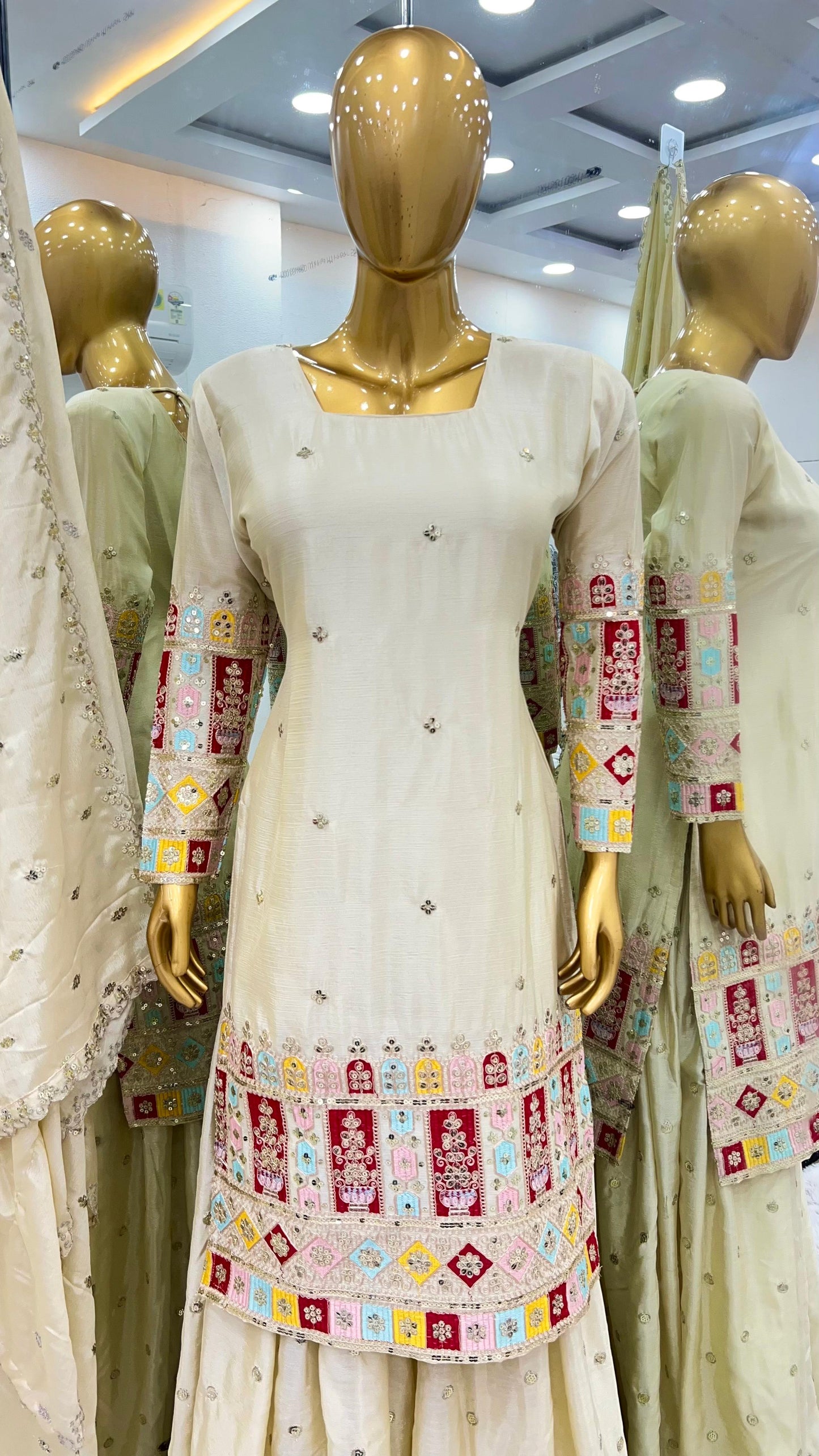 Designer Embroidered Chinon Silk Top-Gharara-Dupatta Set"