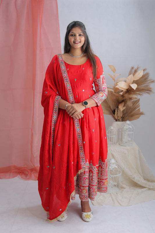 Premium Pure Chinon Silk Gown-Pant-Dupatta Set