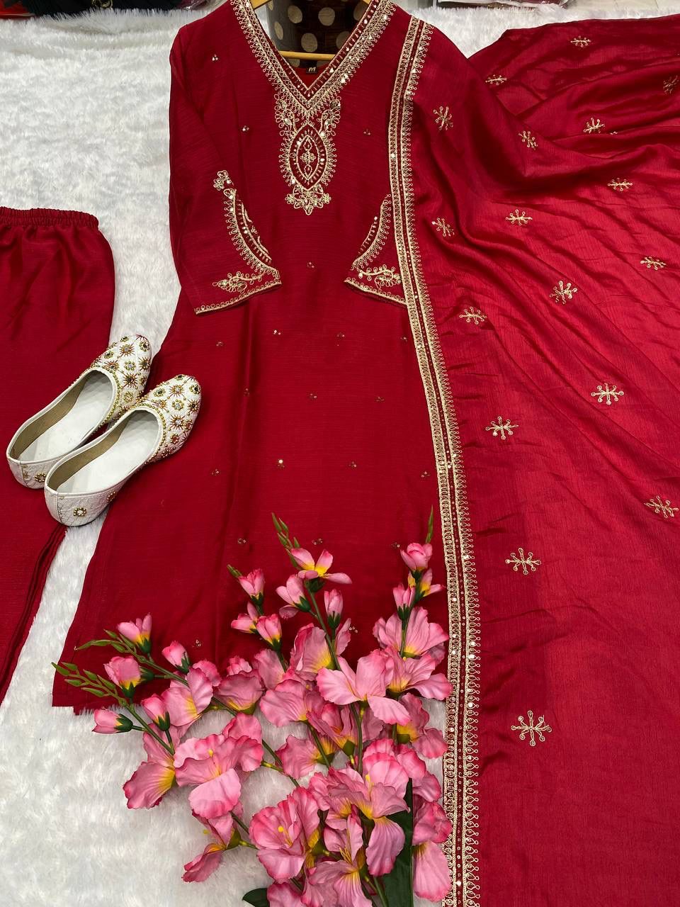 Premium Party Wear 3-Piece Chinon Suit Set 🎀