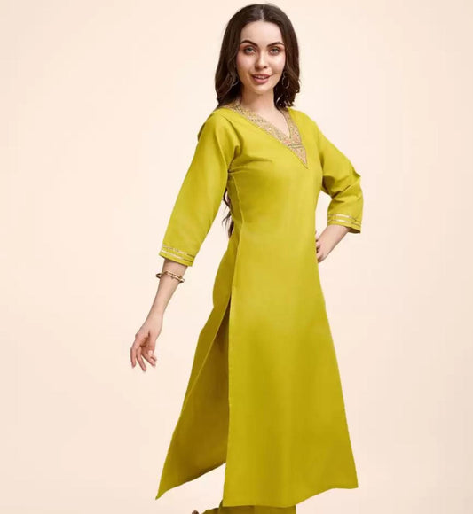 Women's V-Neck Rayon Slub Embroidered Straight Kurti with Pant &amp; Dupatta