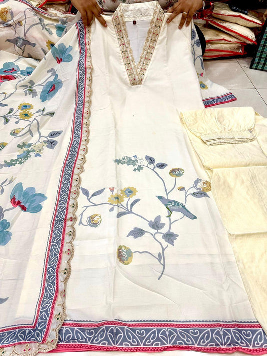 Designer Festive Wear Kurti Pant Dupatta Set – Muslin Silk with Embroidery;Sequin Work