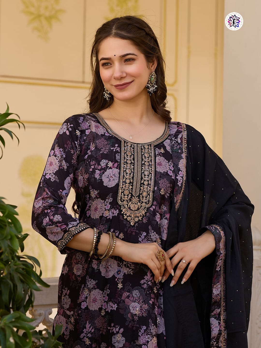 Designer Embroidered Chinon Top with Viscose Rayon Bottom; Chinon Dupatta