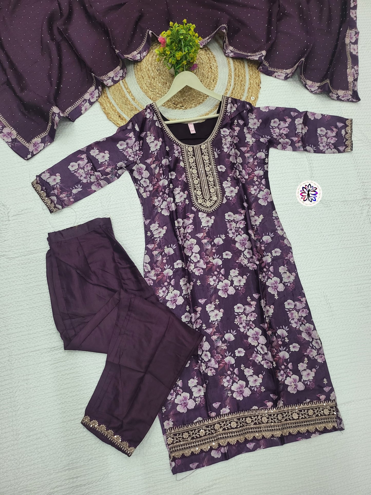 Designer Embroidered Chinon Top with Viscose Rayon Bottom; Chinon Dupatta