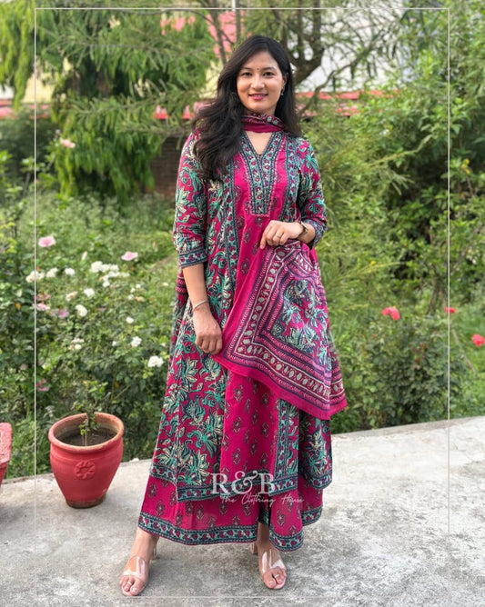 Cotton Printed A-Line Kurti Set with Dupatta &amp; Palazzo Pants