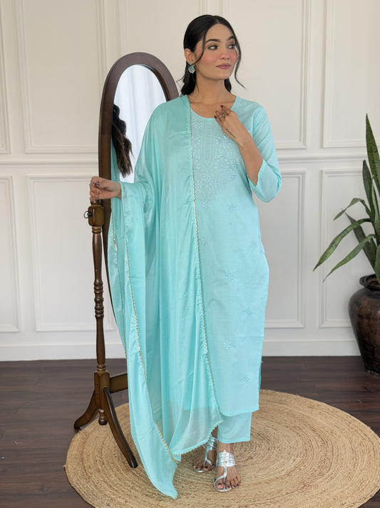 Pure Cotton Embroidered Kurti with Bottom Chinon Dupatta