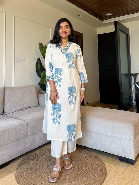 Monochrome Cotton Slub Printed Cord Set – Kurti Pant