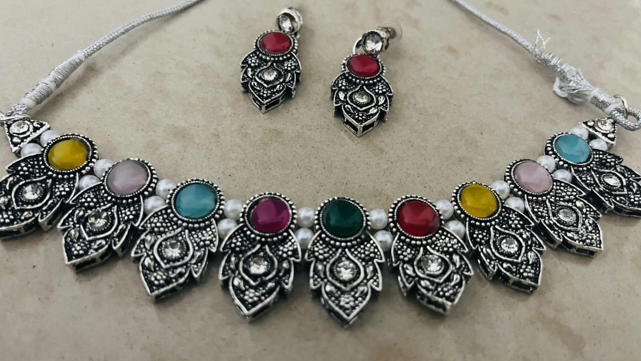 Traditional Oxidised Silver Necklace Set With Multicolour Stone