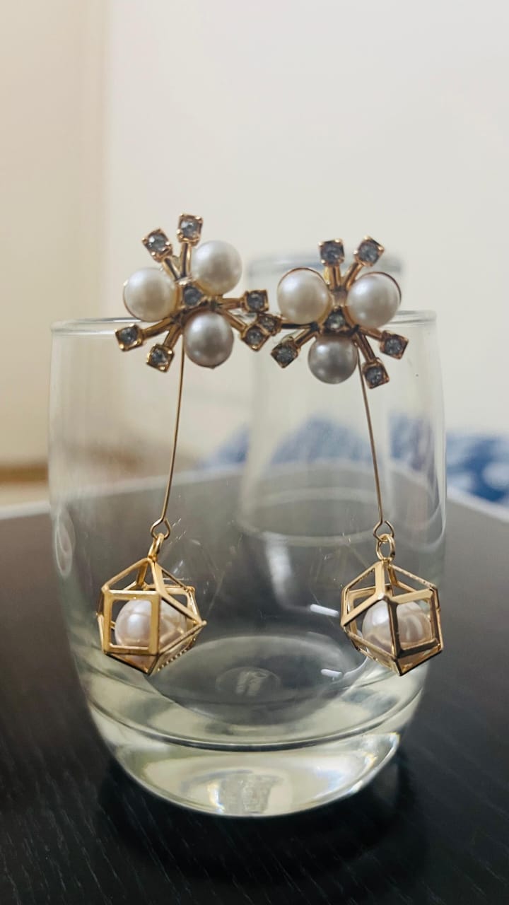 Pearl Earrings With crystal Accents, Gold toned Wire Ball design