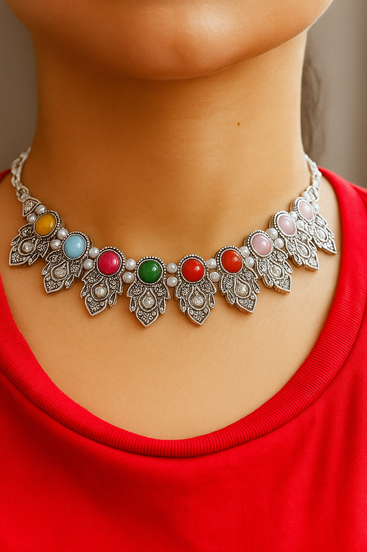 Traditional Oxidised Silver Necklace Set With Multicolour Stone