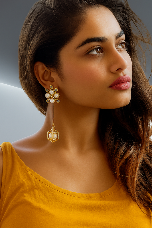 Pearl Earrings With crystal Accents, Gold toned Wire Ball design